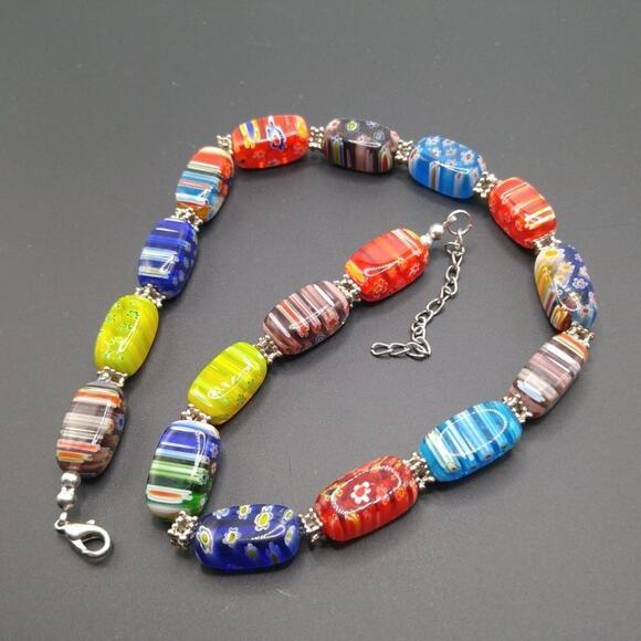 Large Bead Millefiori Lamp Work Murano Glass Necklace, 18 Inches - Picture 4 of 11